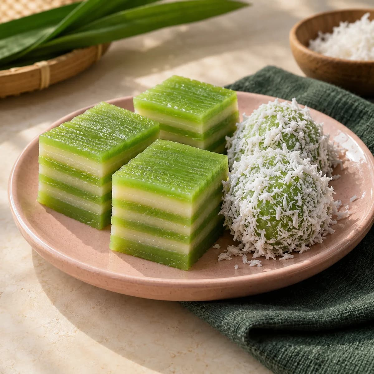 Illustration of pandan layer cake and klepon to share