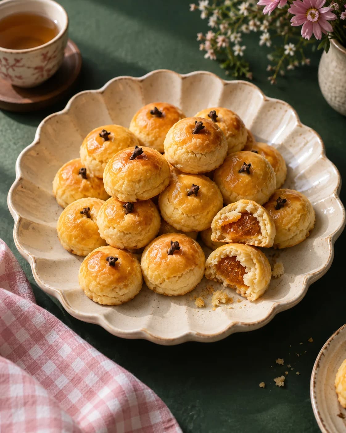 Illustration of golden pineapple-filled nastar cookies on a ceramic plate